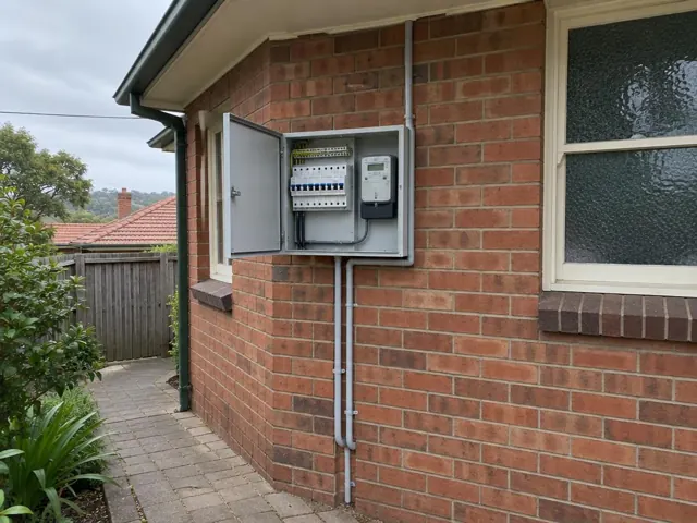 Open outdoor switchboard mounted on a brick house wall beside a window in Gladesville
